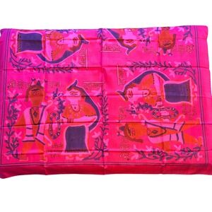 Handloom Pure Silk Square Scarf India Hot Pink Traditional Folk Art Print Wrap